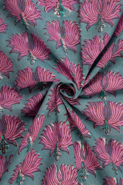 Siyahi-Teal And Pink Floral Cotton Fabric-Rutambhara-RUTAMBHARA