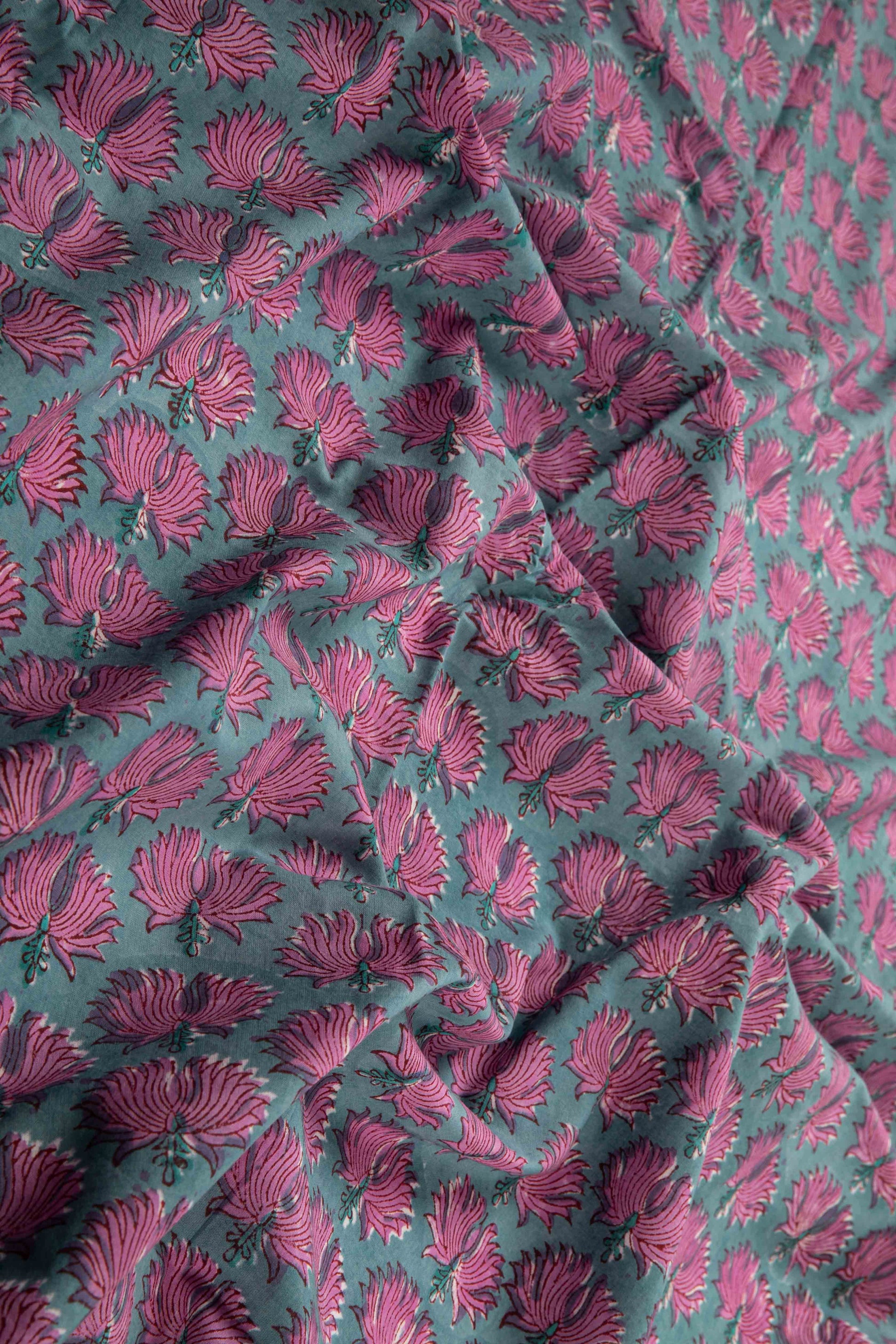 Siyahi-Teal And Pink Floral Cotton Fabric-Rutambhara-RUTAMBHARA