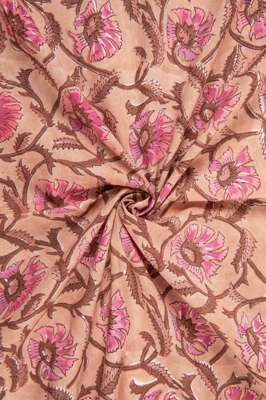Siyahi - Pink Floral Motif Sanganeri Cotton Fabric