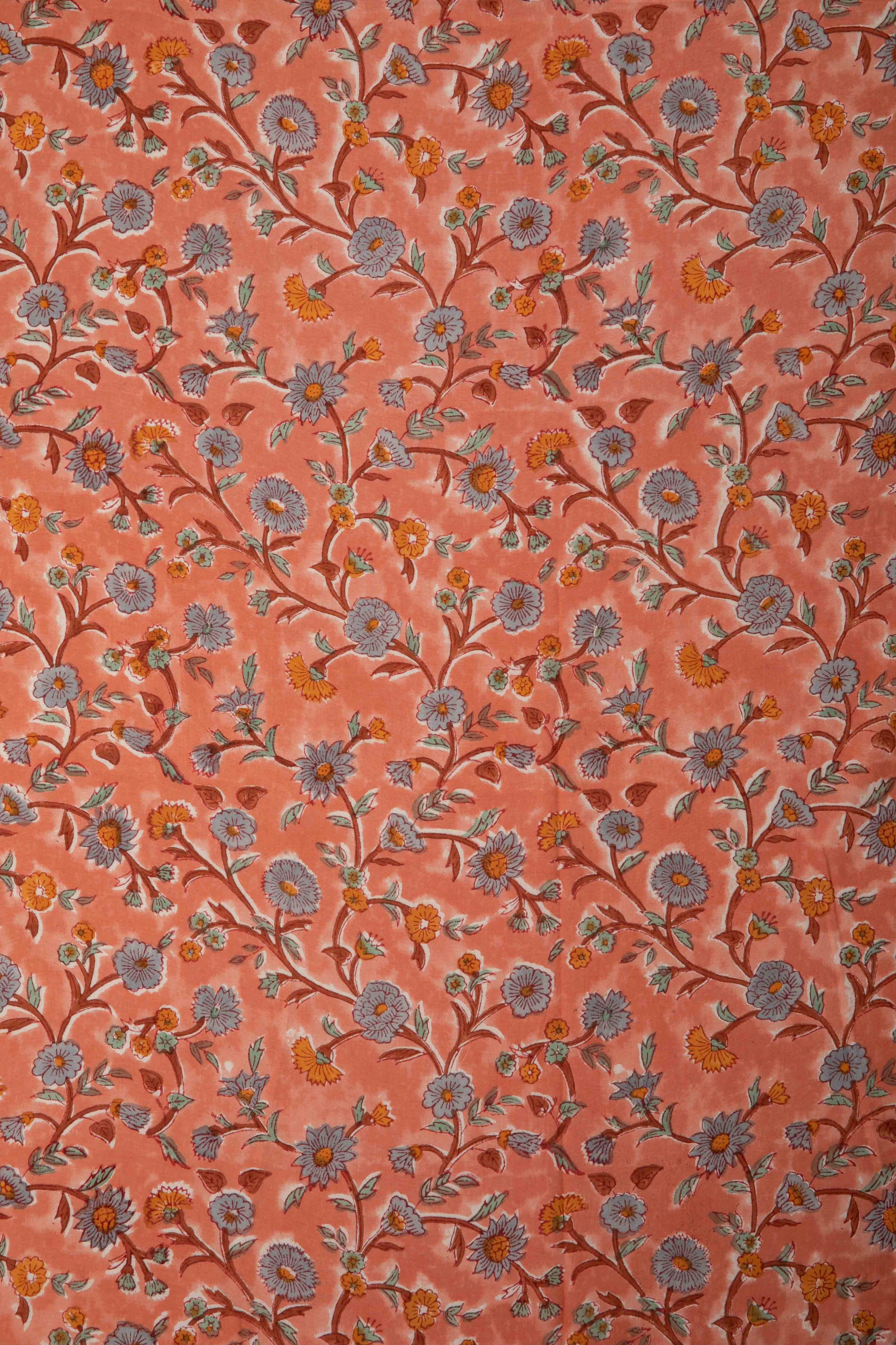 Siyahi - Peach Floral Sanganeri Cotton Fabric-Rutambhara-RUTAMBHARA