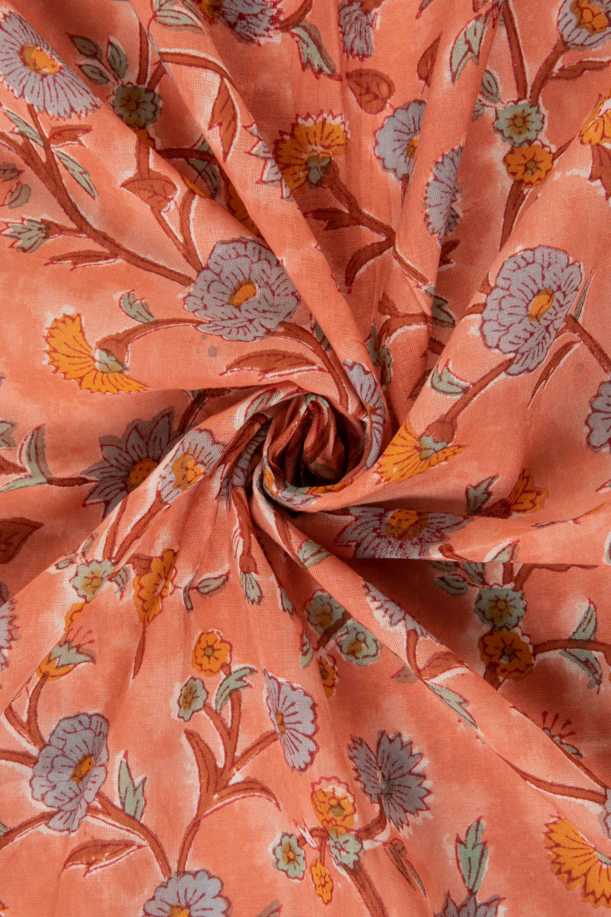 Siyahi - Peach Floral Sanganeri Cotton Fabric-Rutambhara-RUTAMBHARA