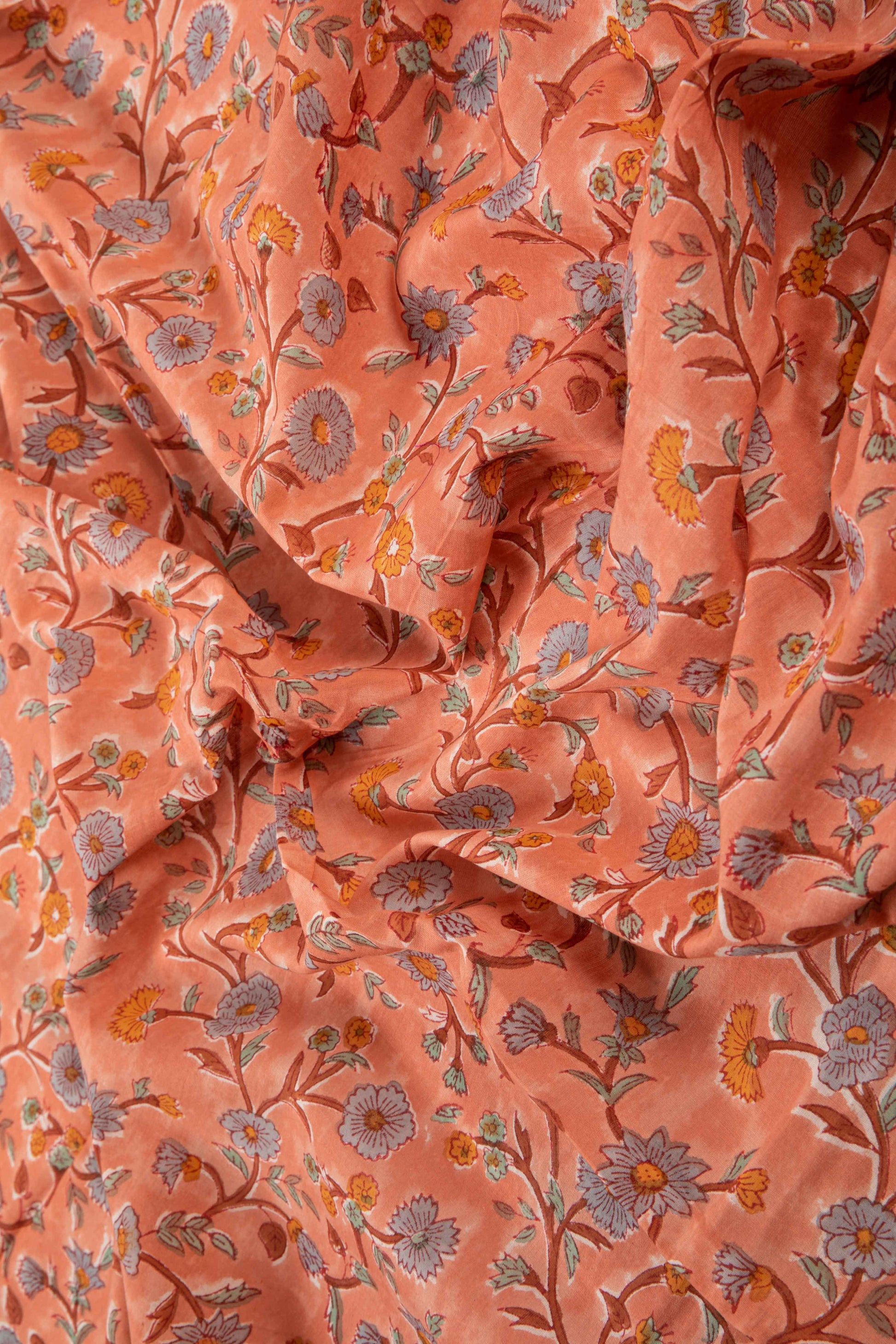 Siyahi - Peach Floral Sanganeri Cotton Fabric-Rutambhara-RUTAMBHARA