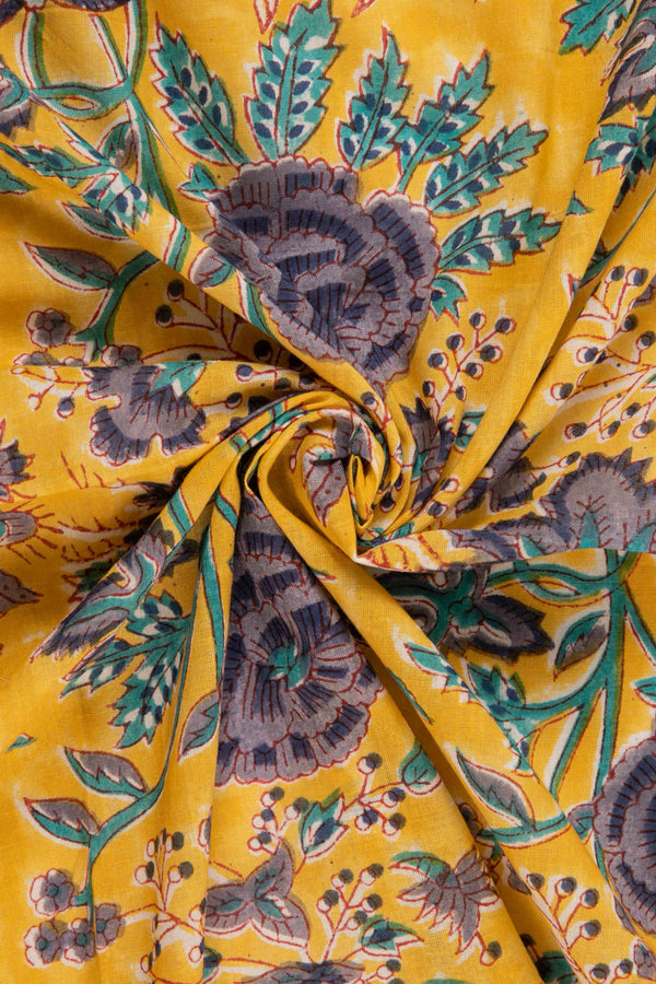 Siyahi-Vintage Purpule And Teal Blossoms Sanganeri Print Fabric-Rutambhara-RUTAMBHARA