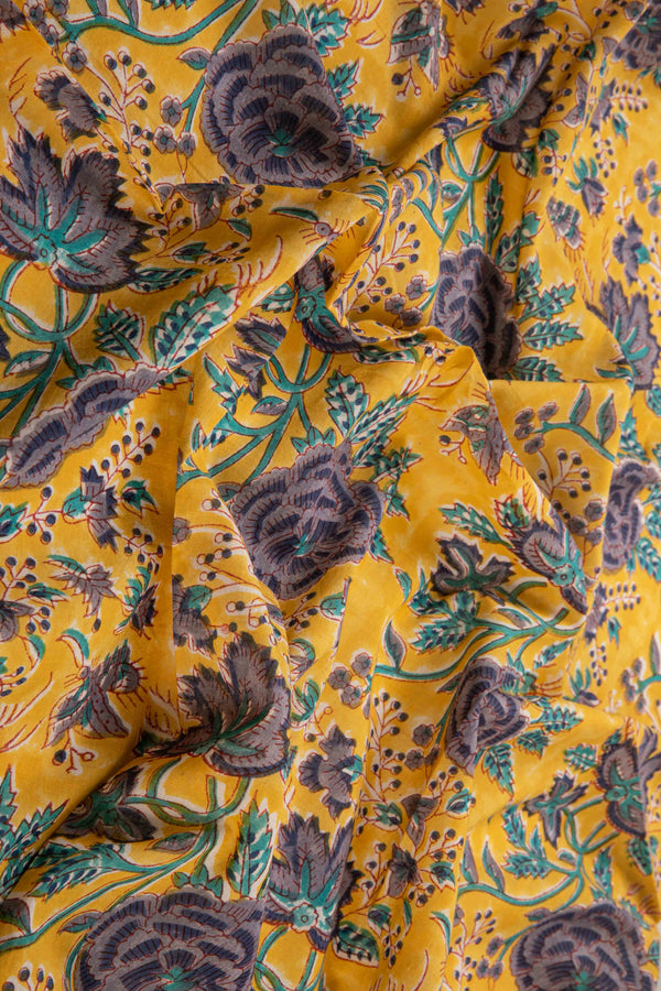 Siyahi-Vintage Purpule And Teal Blossoms Sanganeri Print Fabric-Rutambhara-RUTAMBHARA