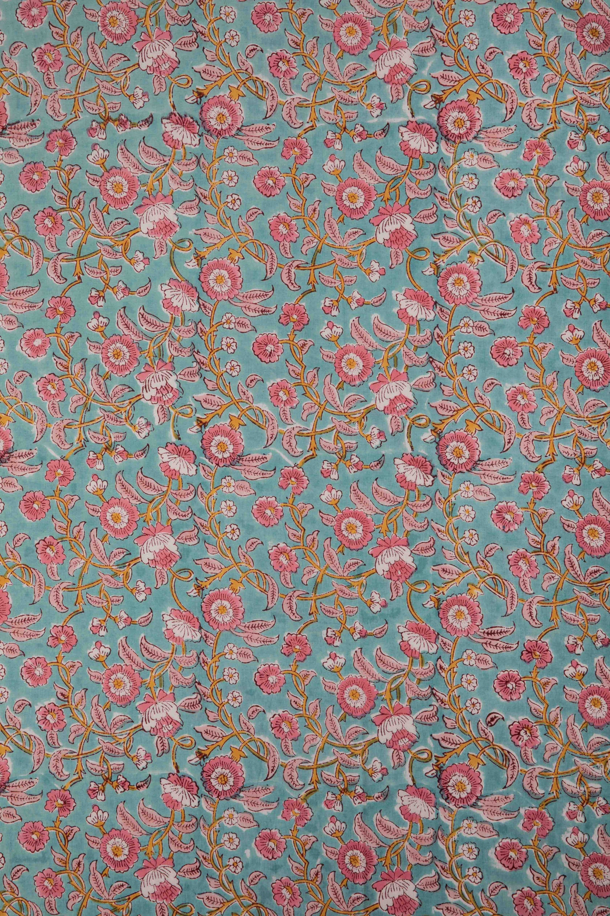 Siyahi - Pink Floral Sanganeri Cotton Fabric-Rutambhara-RUTAMBHARA