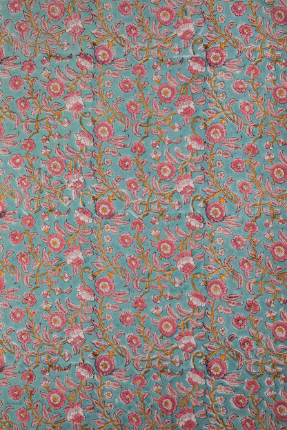Siyahi - Pink Floral Sanganeri Cotton Fabric-Rutambhara-RUTAMBHARA