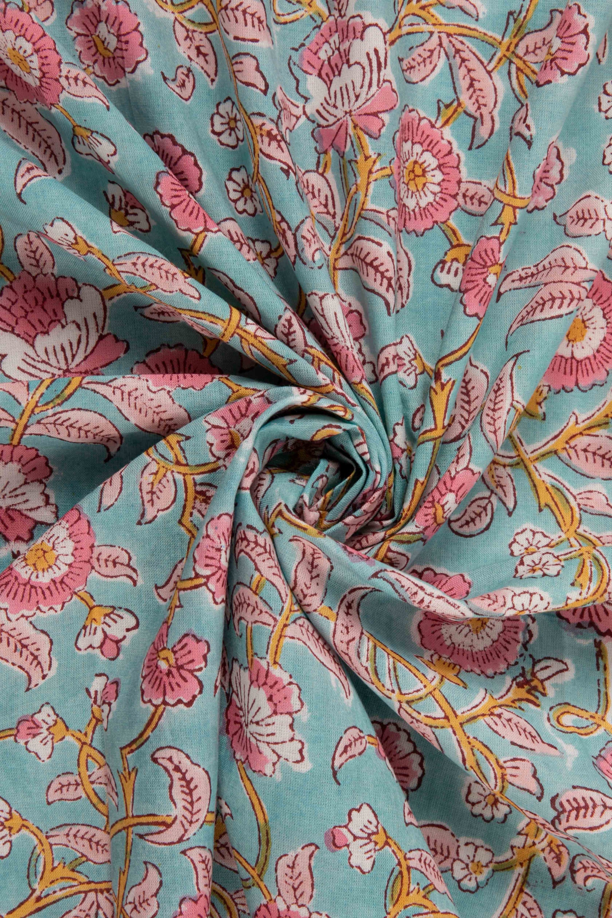 Siyahi - Pink Floral Sanganeri Cotton Fabric-Rutambhara-RUTAMBHARA