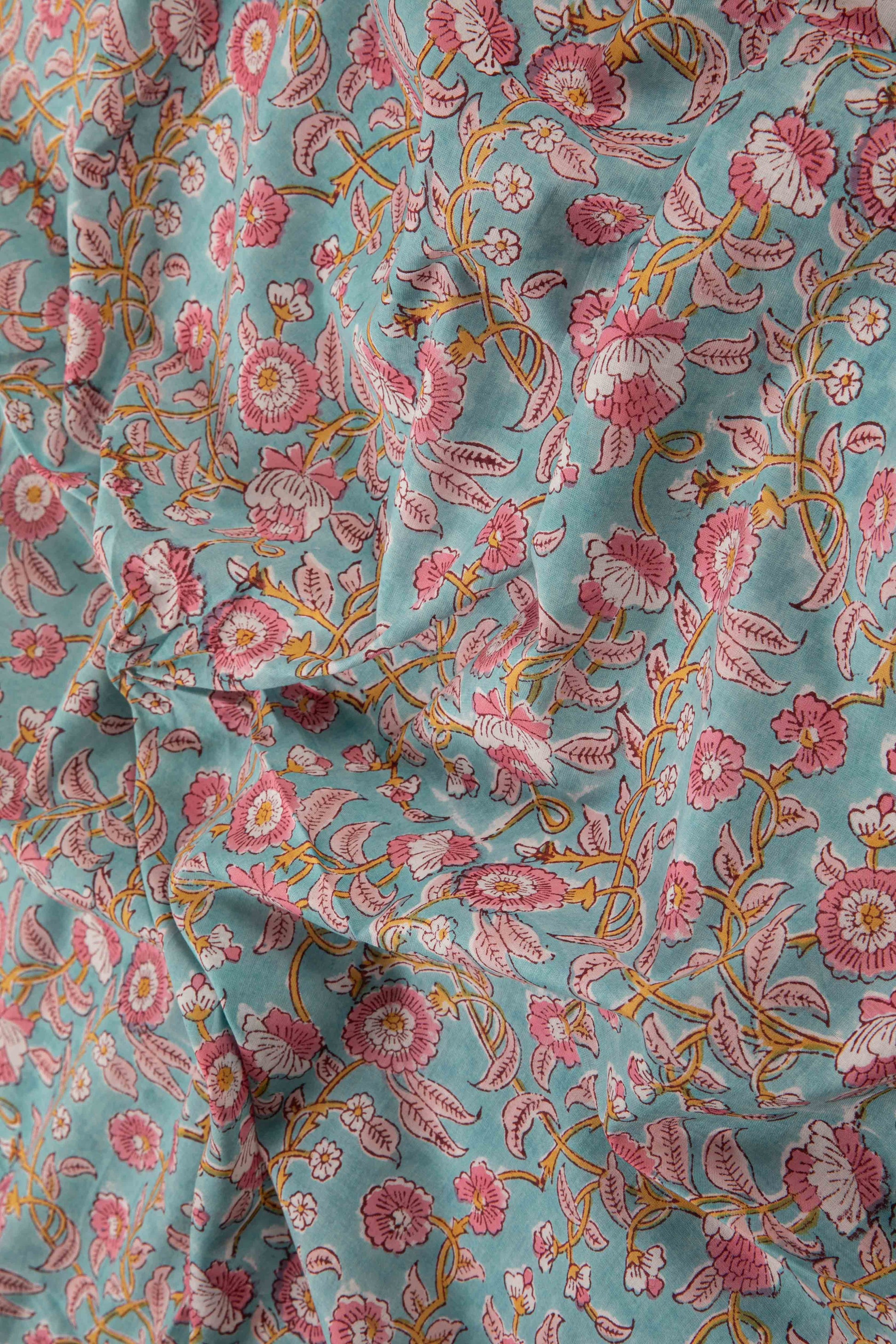 Siyahi - Pink Floral Sanganeri Cotton Fabric-Rutambhara-RUTAMBHARA
