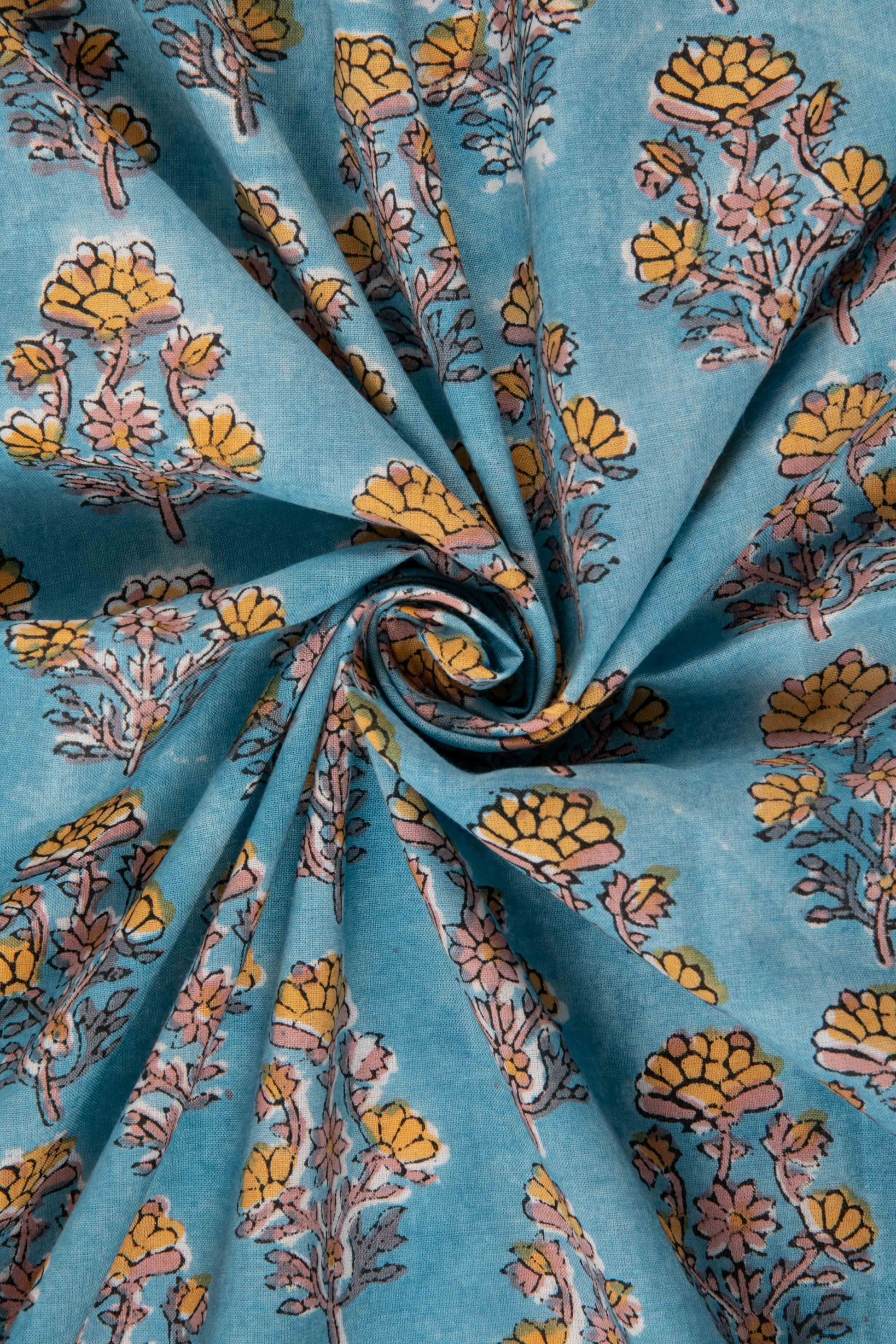 Siyahi-Yellow Floral Buta Sanganeri Cotton Fabric-Rutambhara-RUTAMBHARA