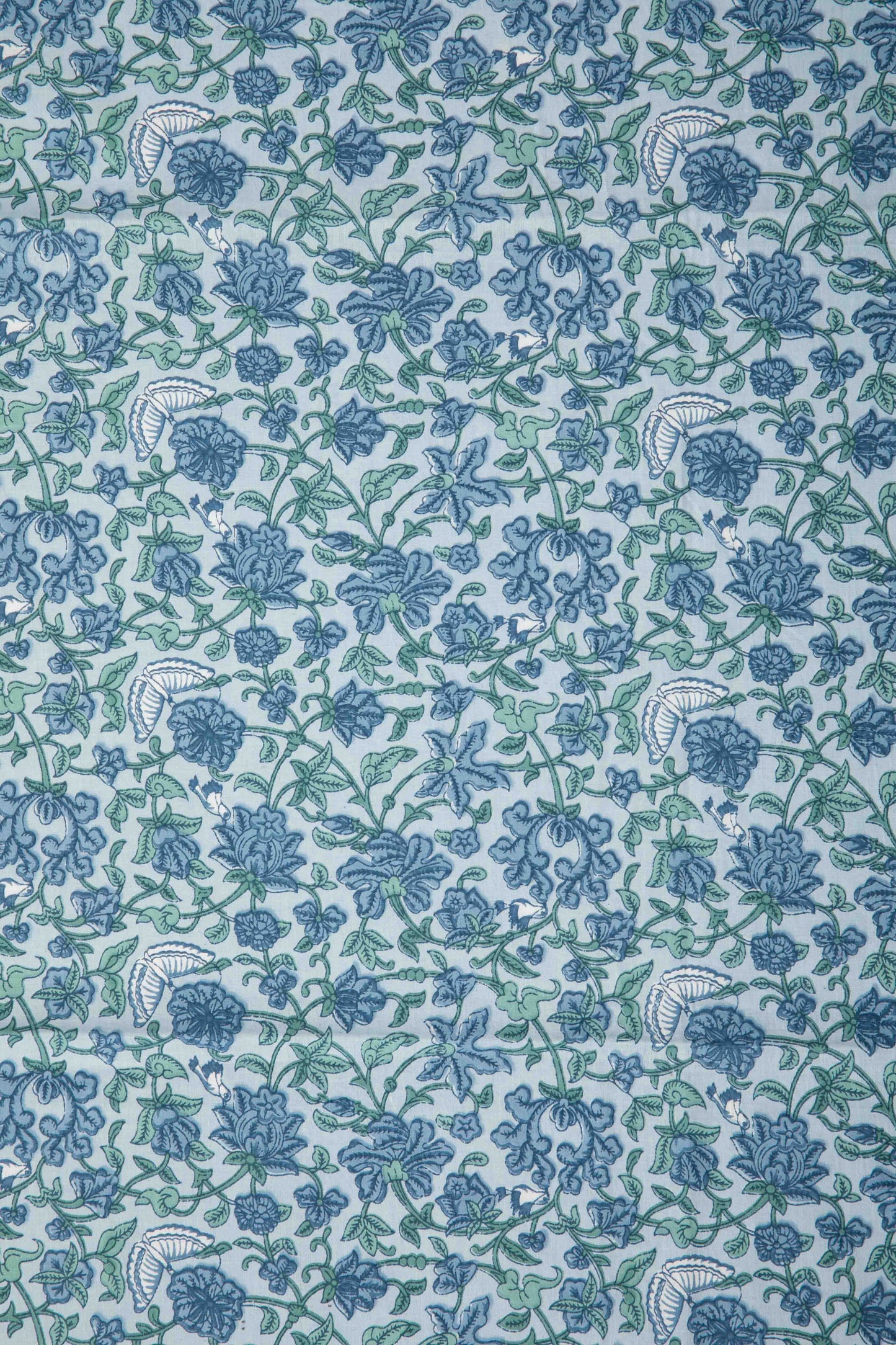 Siyahi - Sky Blue And Green Floral Sanganeri Cotton Fabric