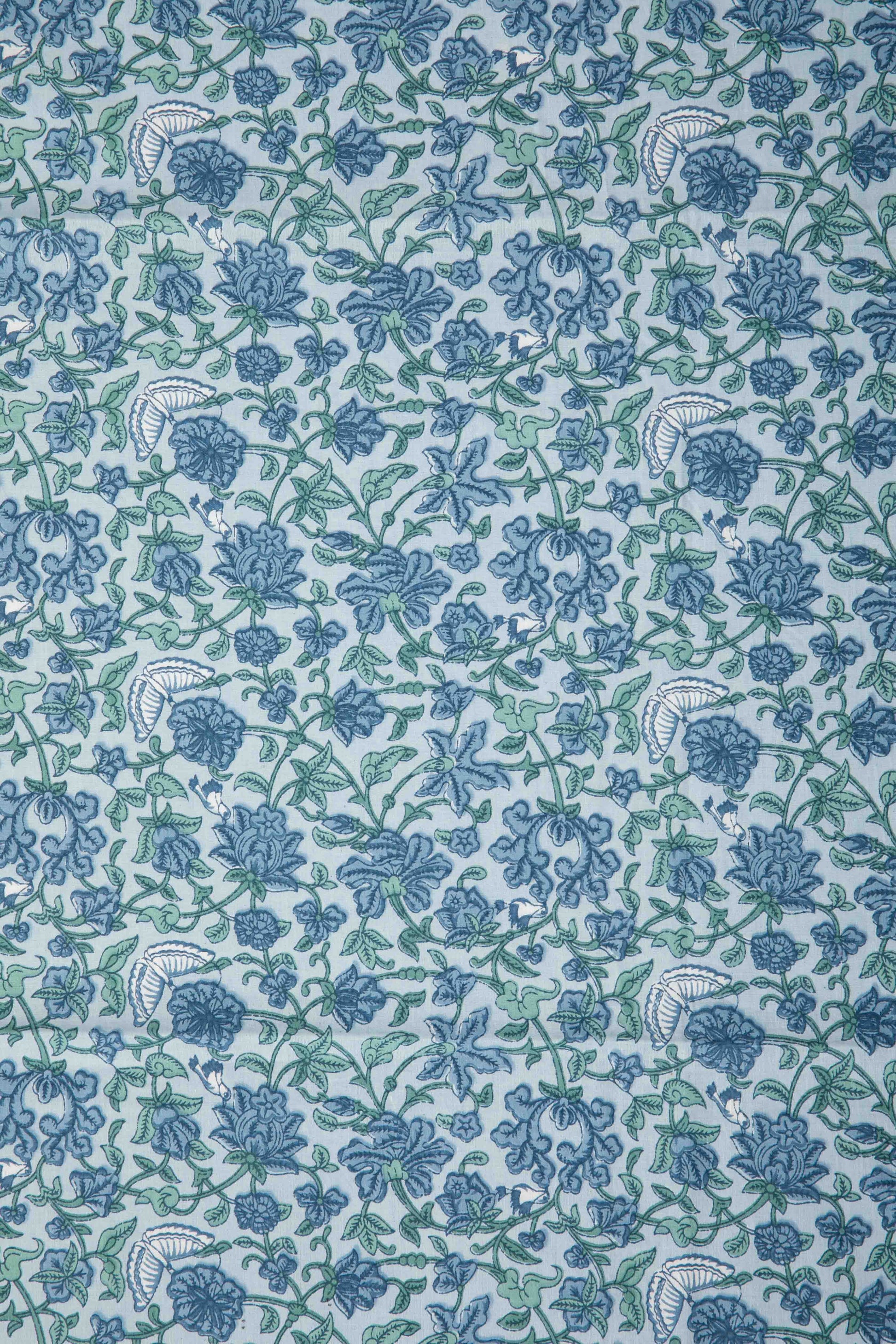 Siyahi - Sky Blue And Green Floral Sanganeri Cotton Fabric-Rutambhara-RUTAMBHARA