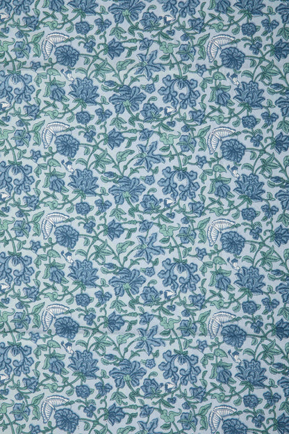 Siyahi - Sky Blue And Green Floral Sanganeri Cotton Fabric-Rutambhara-RUTAMBHARA