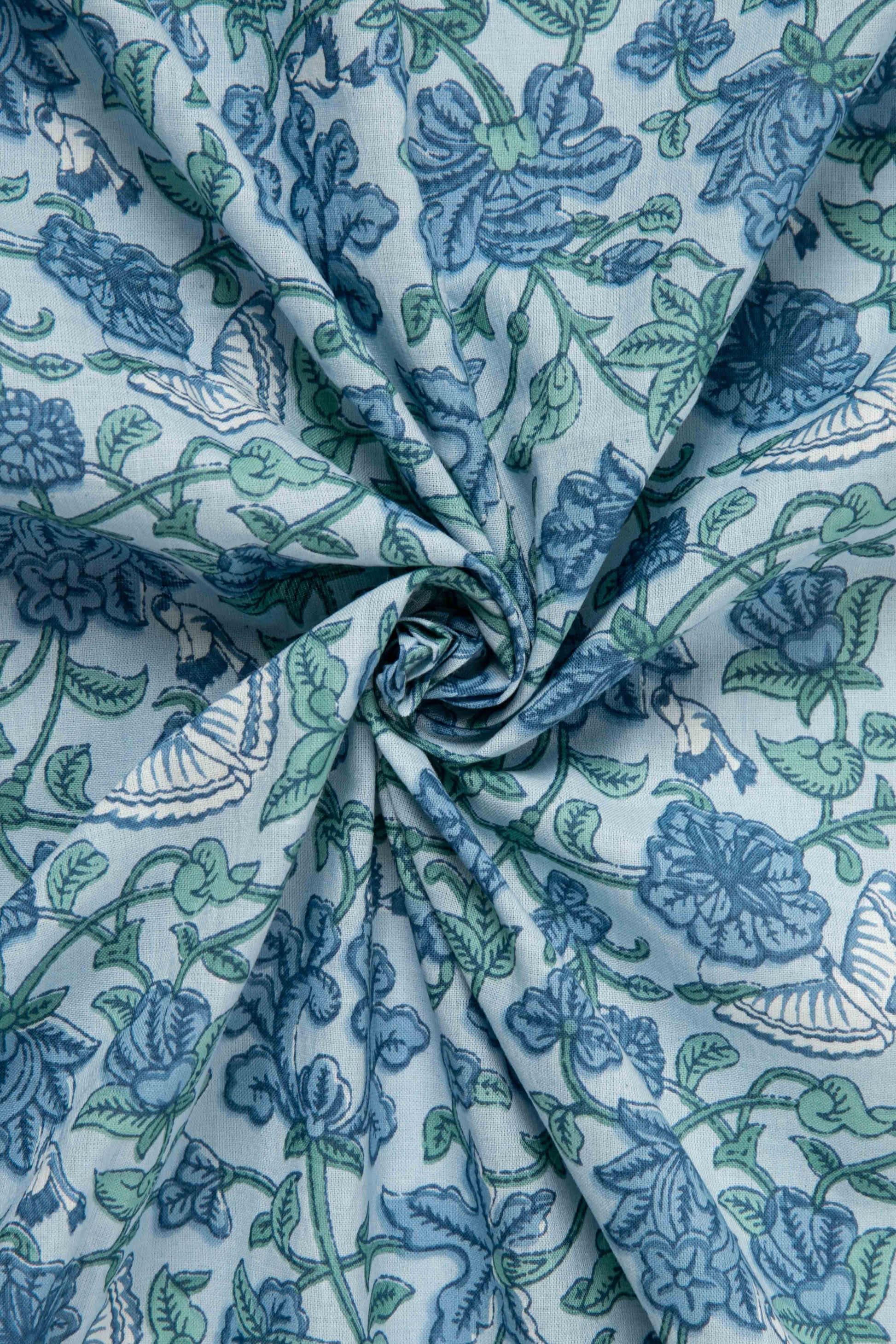 Siyahi - Sky Blue And Green Floral Sanganeri Cotton Fabric-Rutambhara-RUTAMBHARA