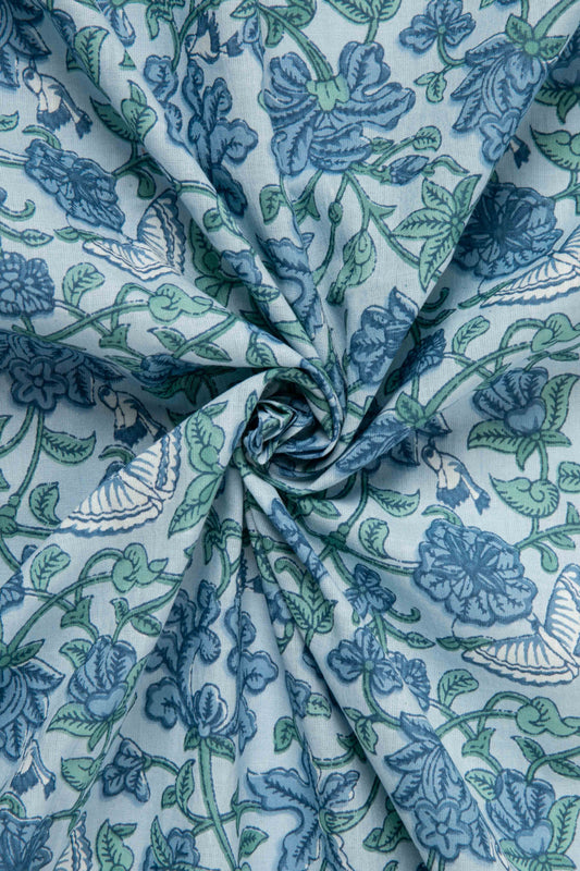 Siyahi - Sky Blue And Green Floral Sanganeri Cotton Fabric