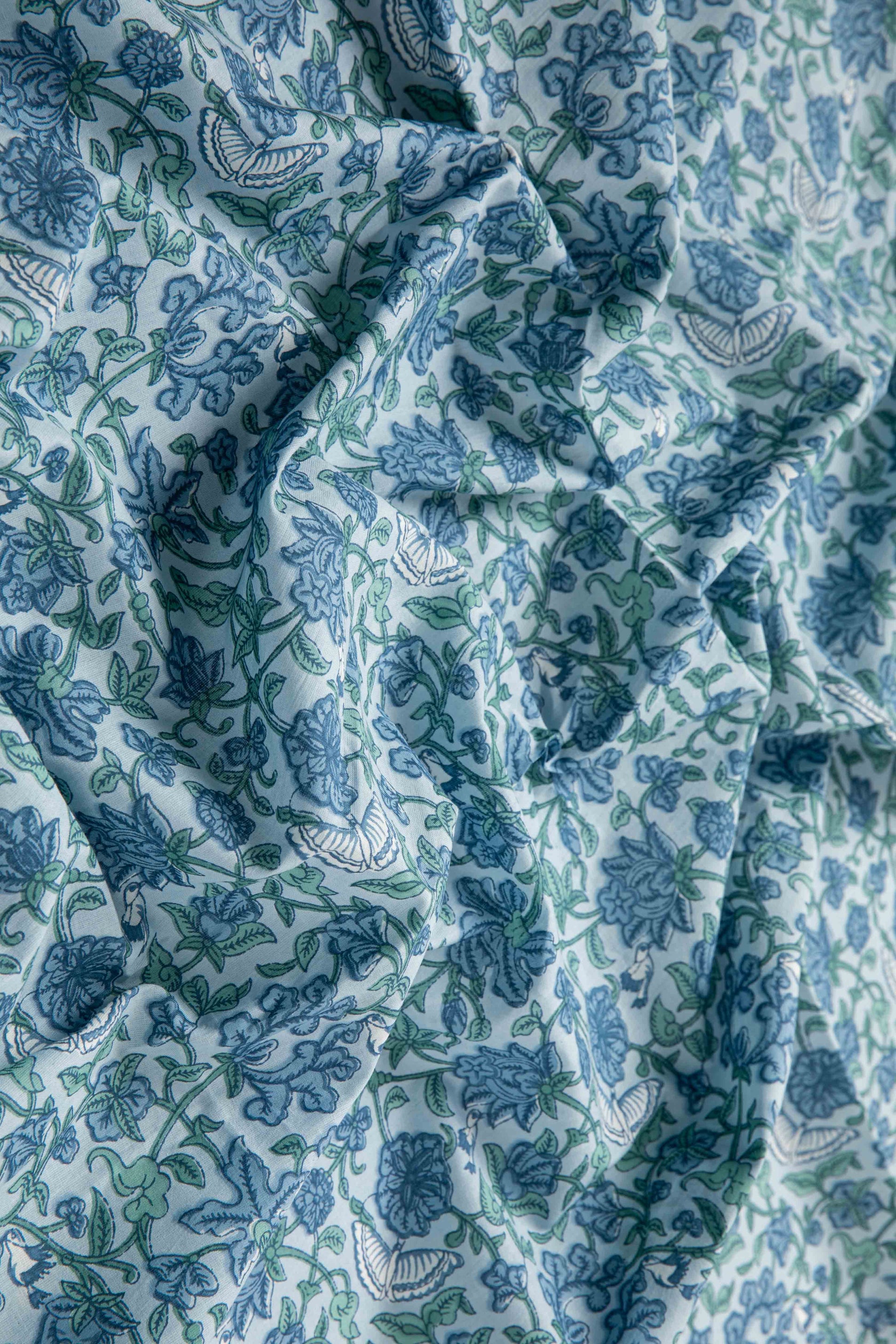 Siyahi - Sky Blue And Green Floral Sanganeri Cotton Fabric-Rutambhara-RUTAMBHARA