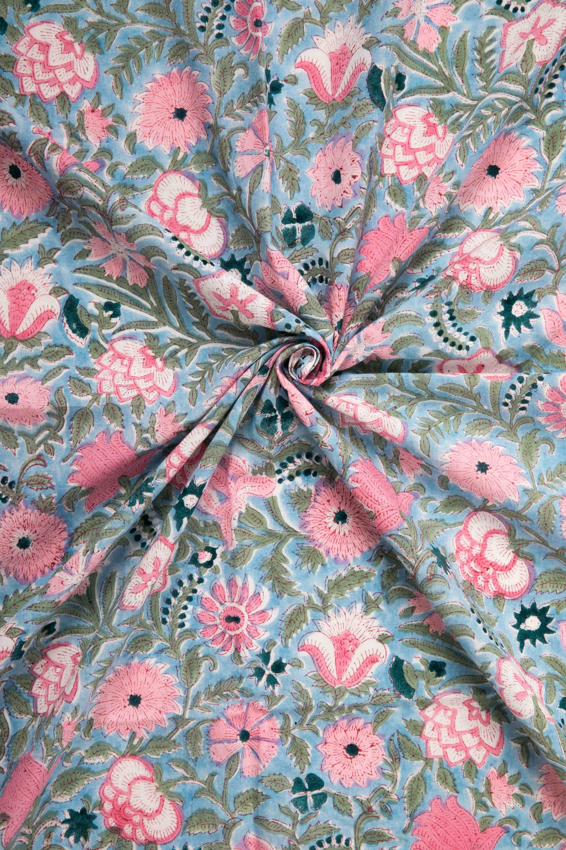 Siyahi-Sky Blue Floral Cotton Fabric-Rutambhara-RUTAMBHARA