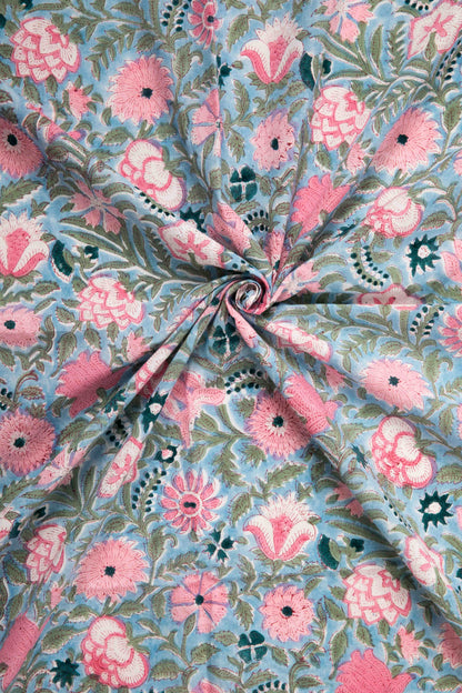 Siyahi-Sky Blue Floral Cotton Fabric-Rutambhara-RUTAMBHARA