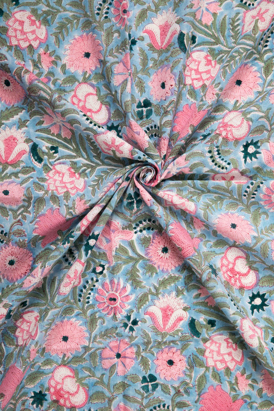 Siyahi-Sky Blue Floral Cotton Fabric