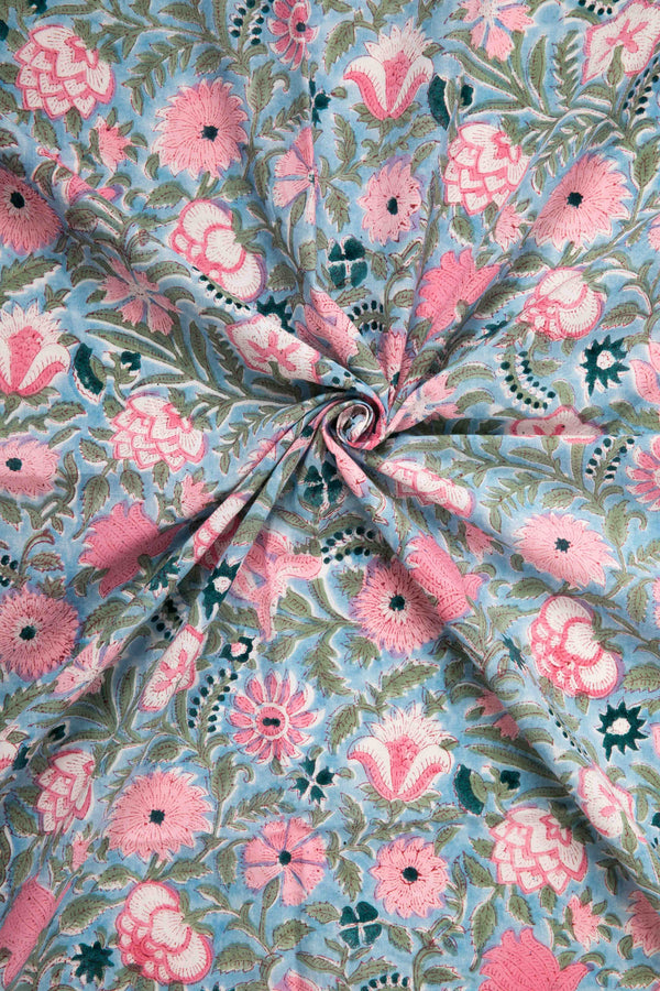 Siyahi-Sky Blue Floral Cotton Fabric-Rutambhara-RUTAMBHARA