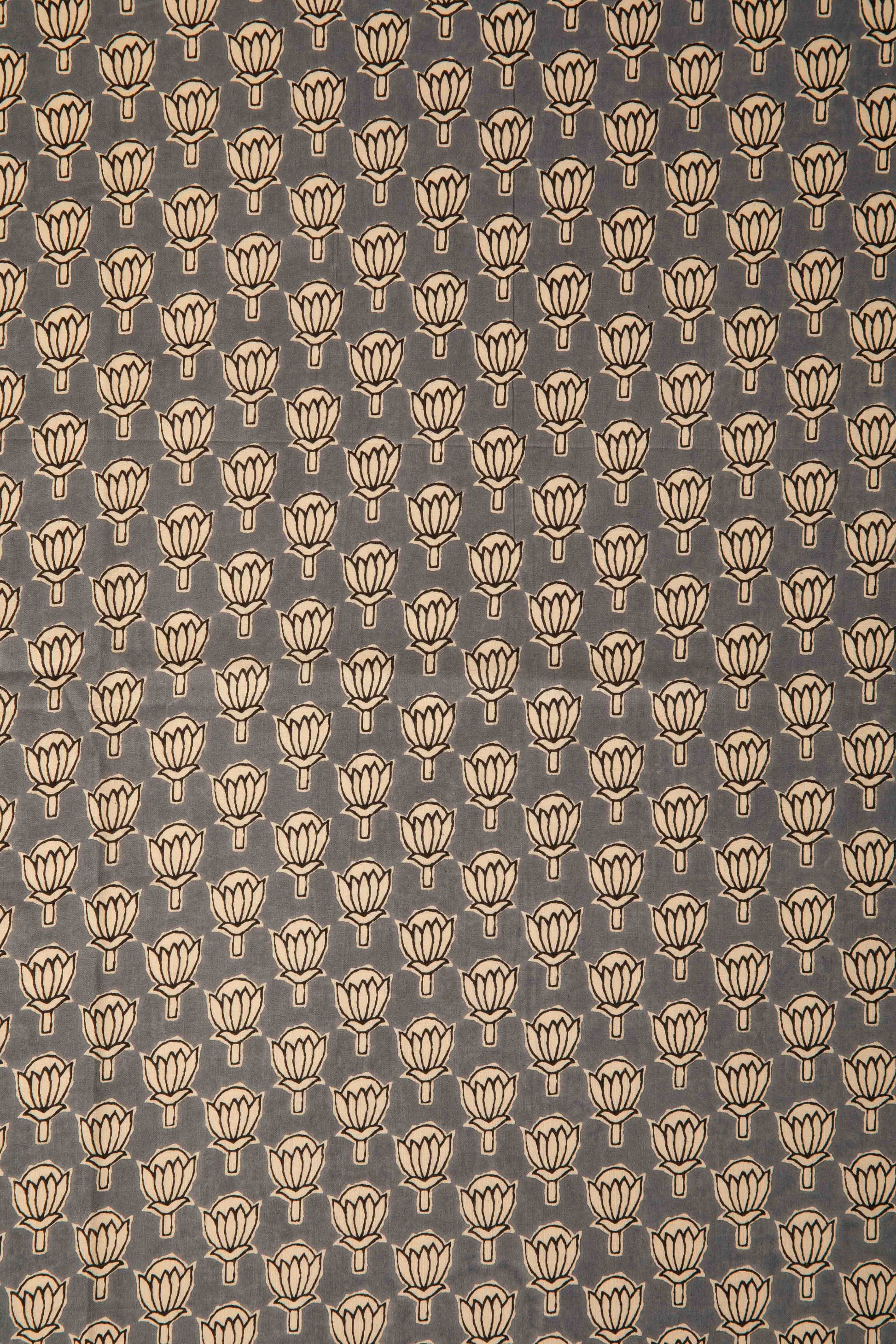 Siyahi - Handcrafted Sanganeri Lotus Motif Print Fabric-Rutambhara-RUTAMBHARA