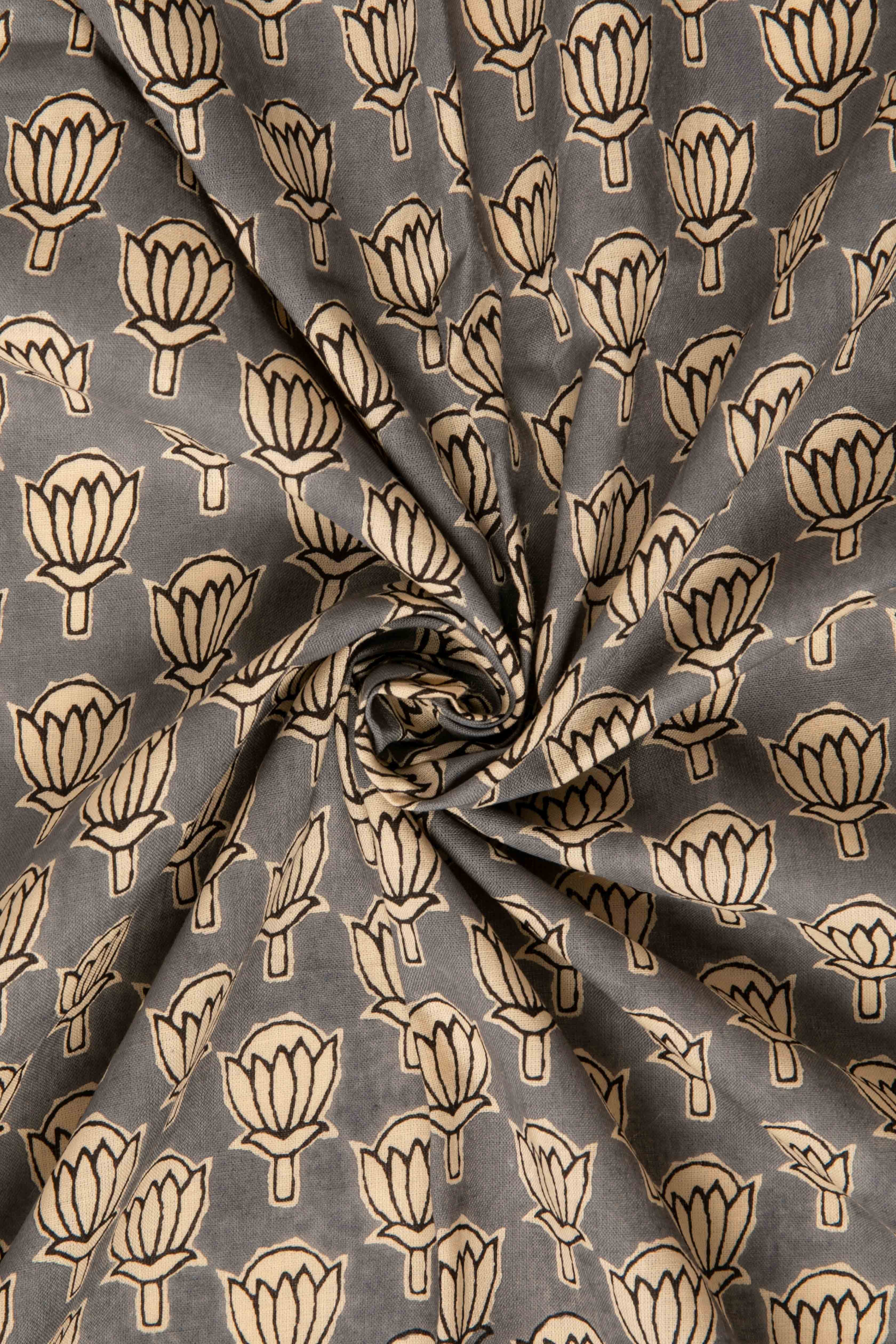 Siyahi - Handcrafted Sanganeri Lotus Motif Print Fabric