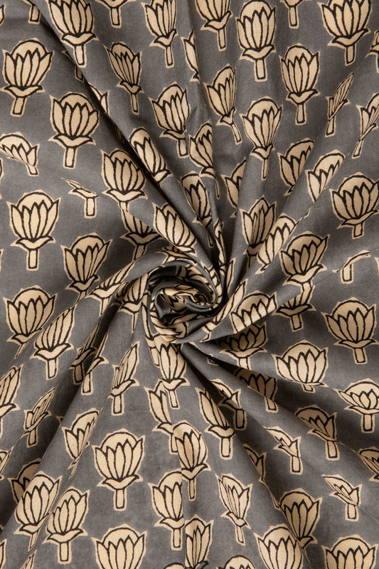 Siyahi - Handcrafted Sanganeri Lotus Motif Print Fabric