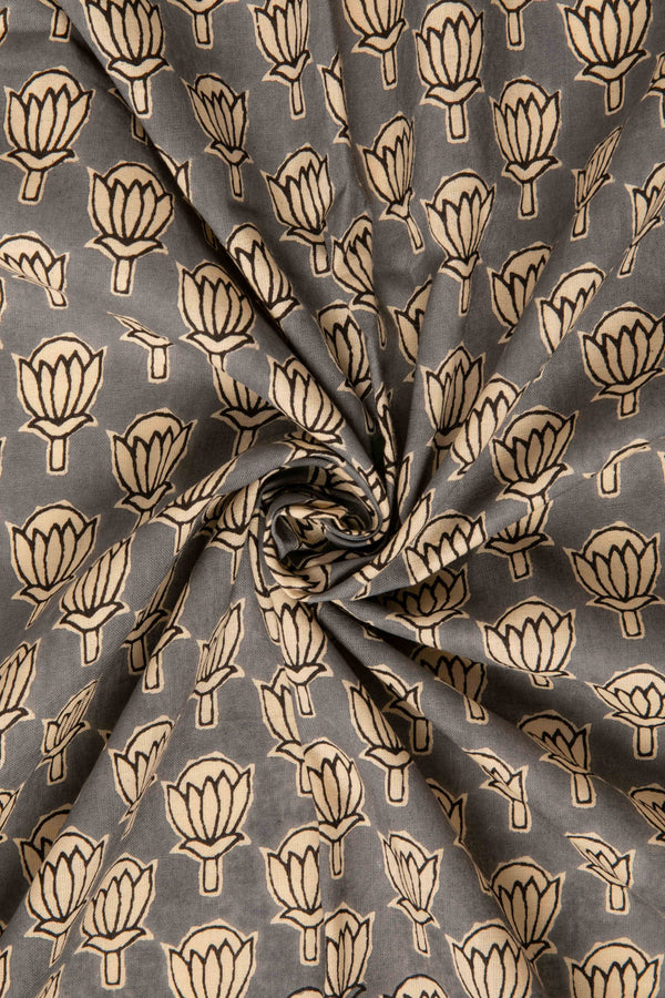 Siyahi - Handcrafted Sanganeri Lotus Motif Print Fabric-Rutambhara-RUTAMBHARA