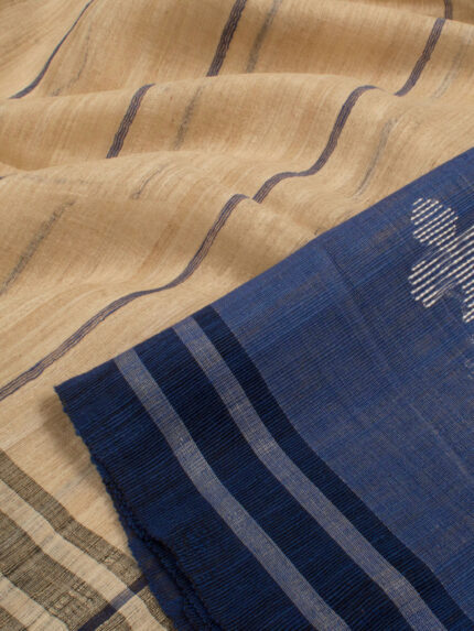 Handspun and Handwoven Tussar Cotton Saree in beige and indigo