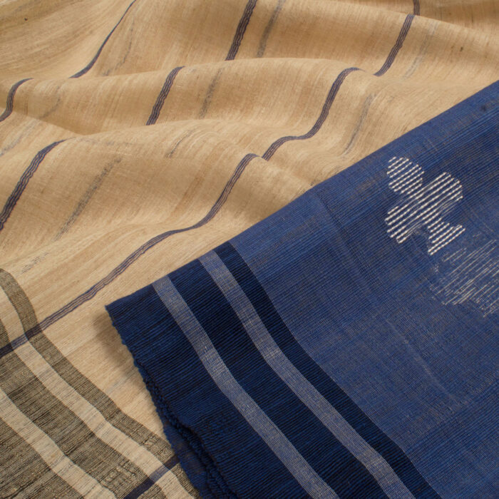 Handspun and Handwoven Tussar Cotton Saree in beige and indigo