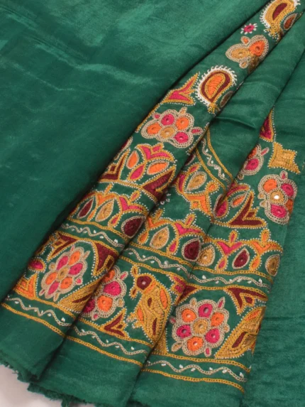 Green Mirror Embroidered Mashru Blouse Material