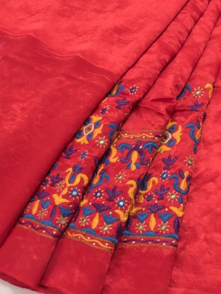 Red Mirror Embroidered Mashru Blouse Material