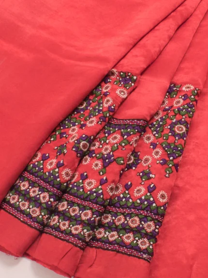 Red Hand Embroidered Mashru Silk Blouse Material